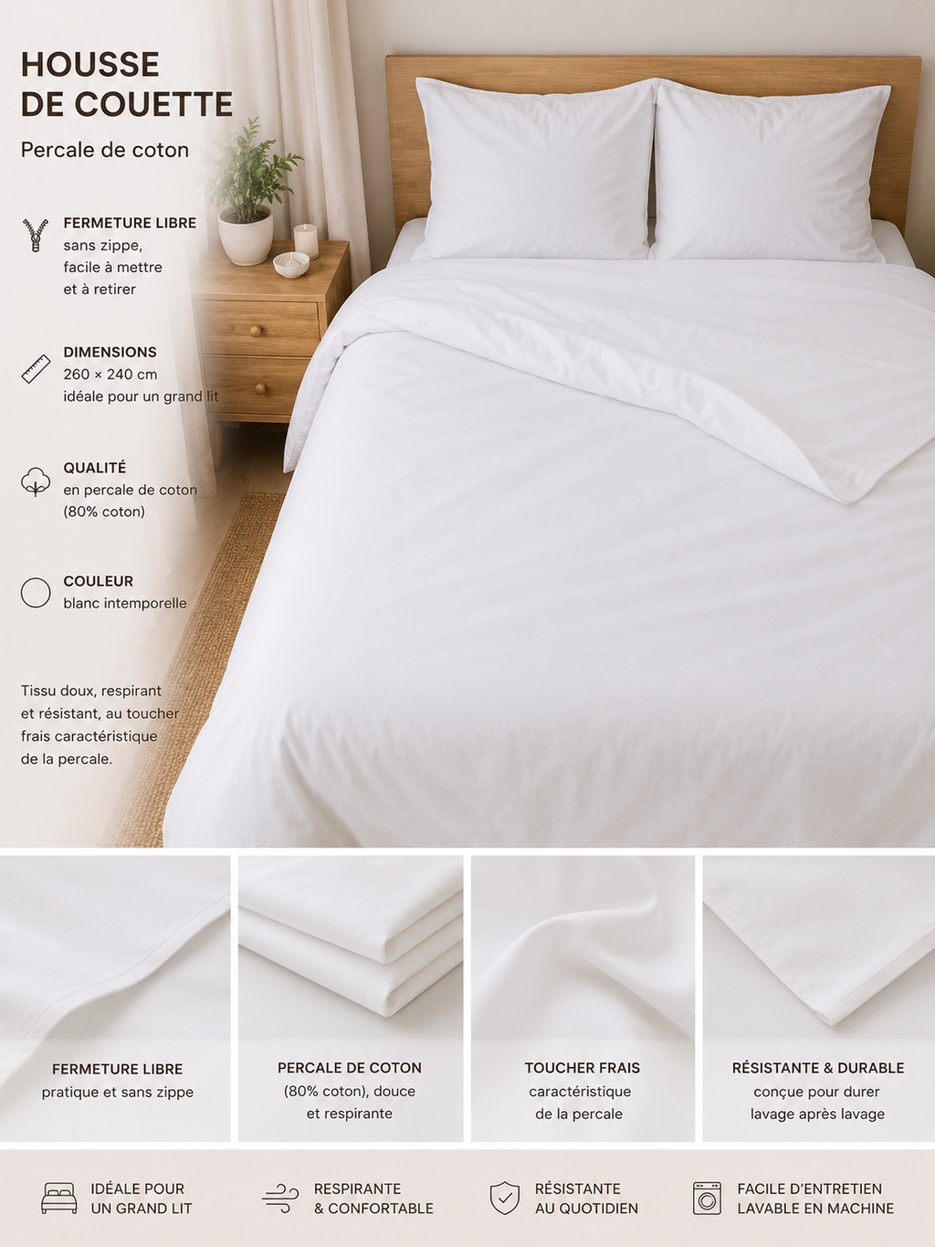 Lot de 2 housses de couette blanches 260x240cm - percale de coton