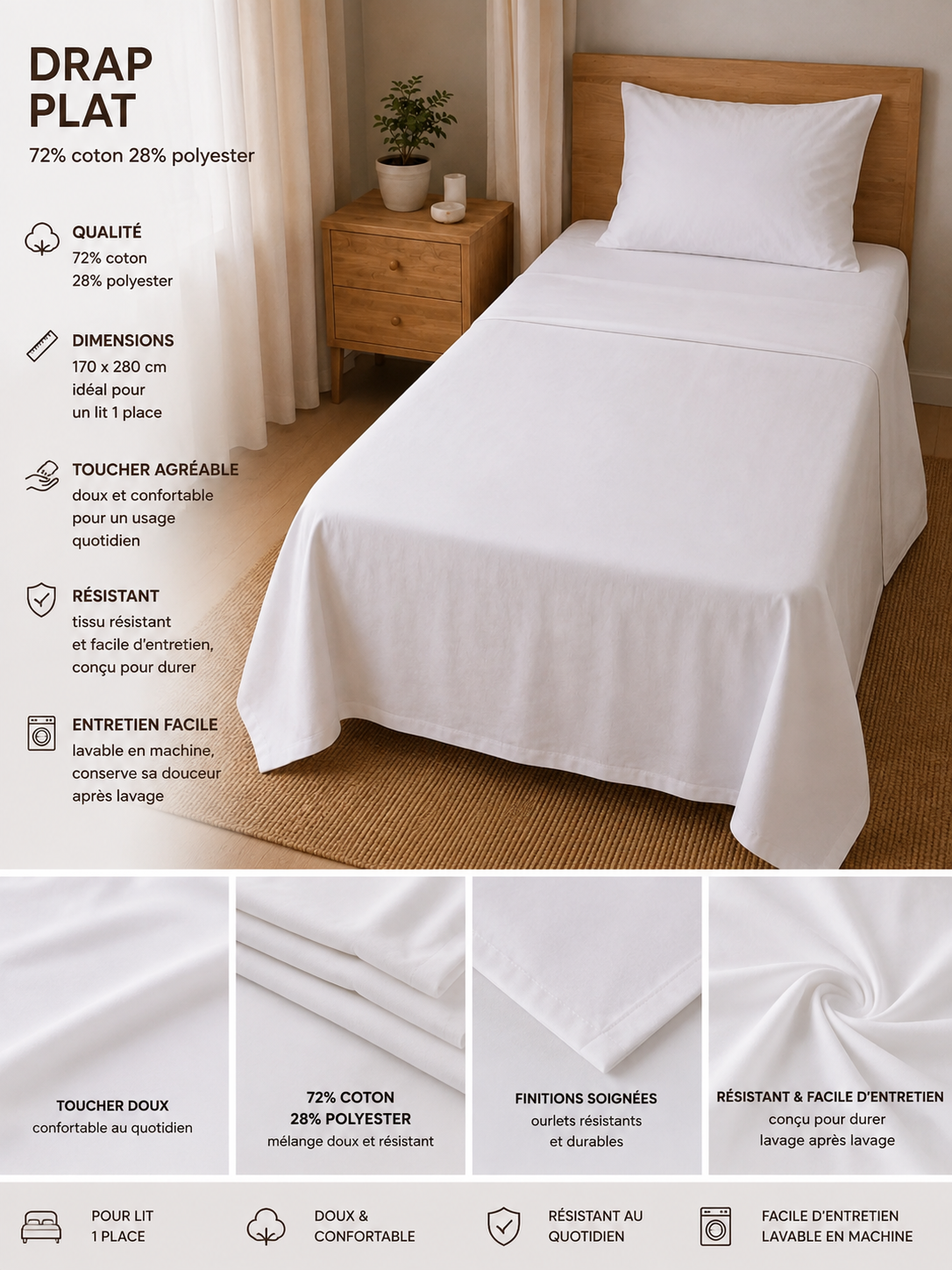 Lot de 3 draps plats blancs 1 place – Qualité hôtellerie