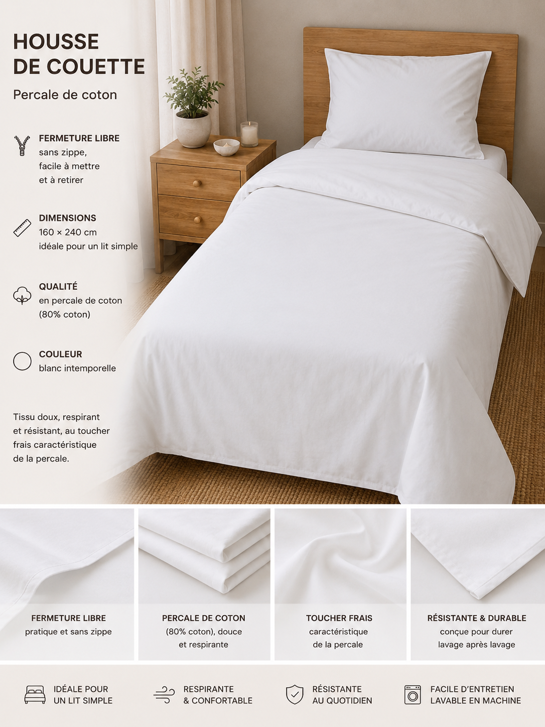 Lot de 3 housses de couette blanches 160 × 260 cm – Percale de coton