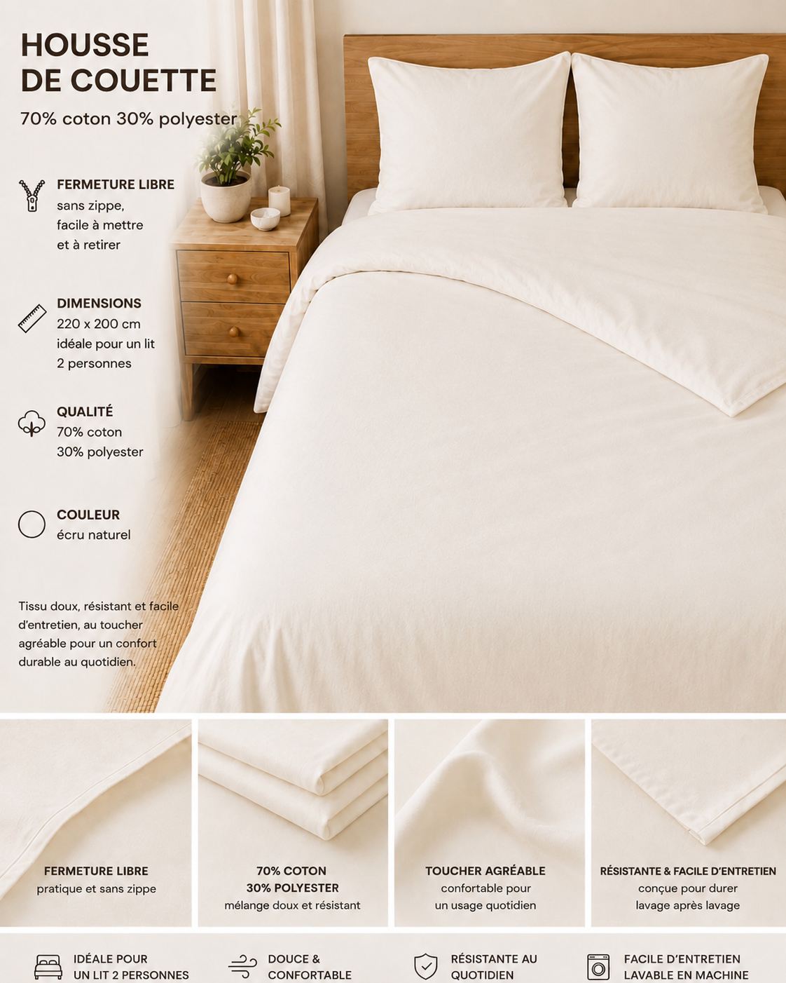 Lot de 2 housses de couette écru 220x200 cm – 70% coton