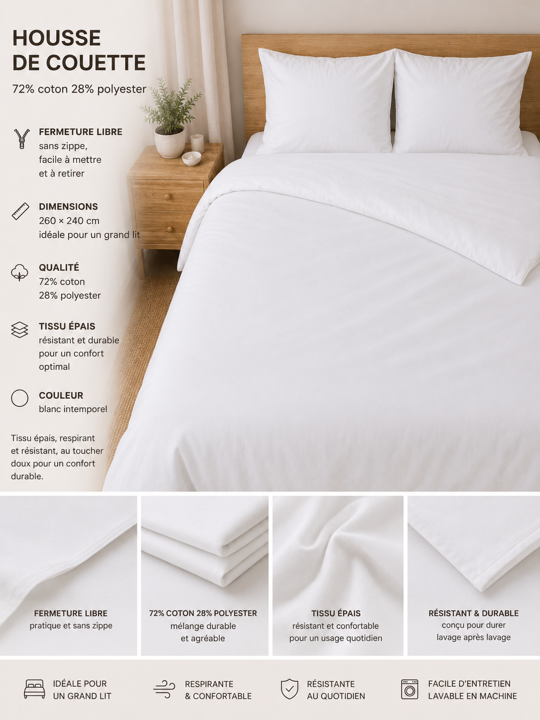 Lot de 2 housses de couette blanches 260x240 cm – coton/polyester