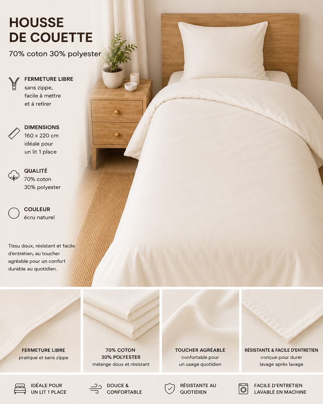 Lot de 2 housses de couette écru 160x220 cm – 70% coton